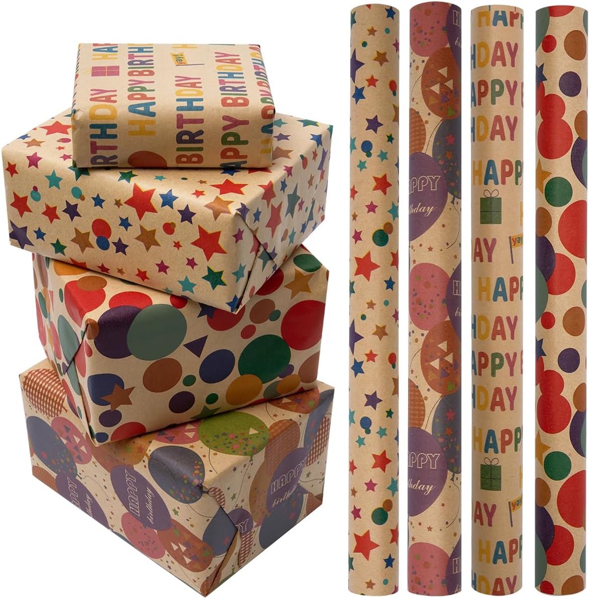 SnelShoppen - 4 Rollen Verjaardagscadeaupapier 43 cm x 3 m - Recyclebaar Kraftpapier met Sterren en Stippen - Perfect voor Feesten, Bruiloften en Fest