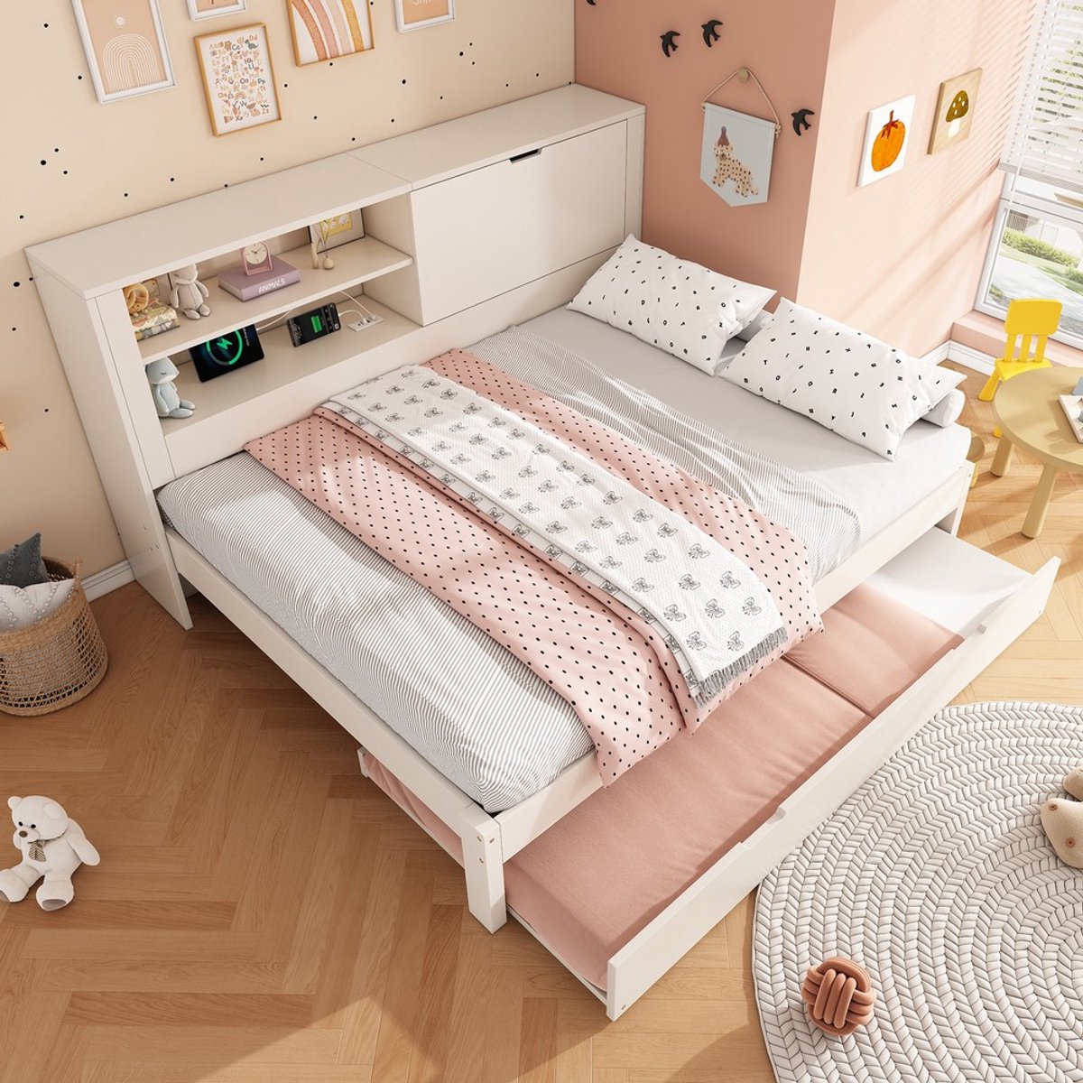 KOMHTOM - Slaapbank Tweepersoonsbed - 140x190 cm - Uitschuifbed 90x190 - Wit Bedframe - Opbergruimte - Open Vak - USB/USB-C-oplaadstation - Lattenbodem