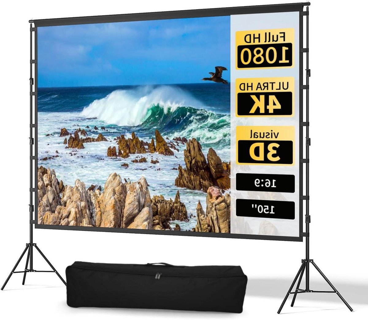 Projectiescherm - Scherm met standaard - Binnen en buiten - Draagbaar en groot - 150 inch diagonaal - Wit