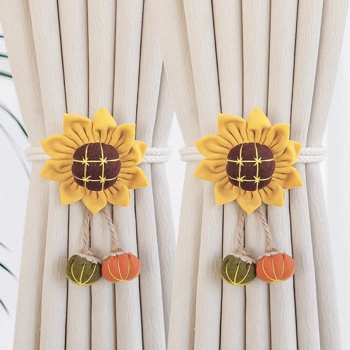 Gordijnhouder - Gordijn Embrasse Modern - Gordijnbinder Touw - Zonnebloem Pompoenbloem Gordijnbinders - Verstelbaar Lint - Bloem Ook Als Broche - 45cm - Geen Boren - Voor Woonkamer/Slaapkamer - Pompoengeel - 45cm Per Stuk - 2 Stuks