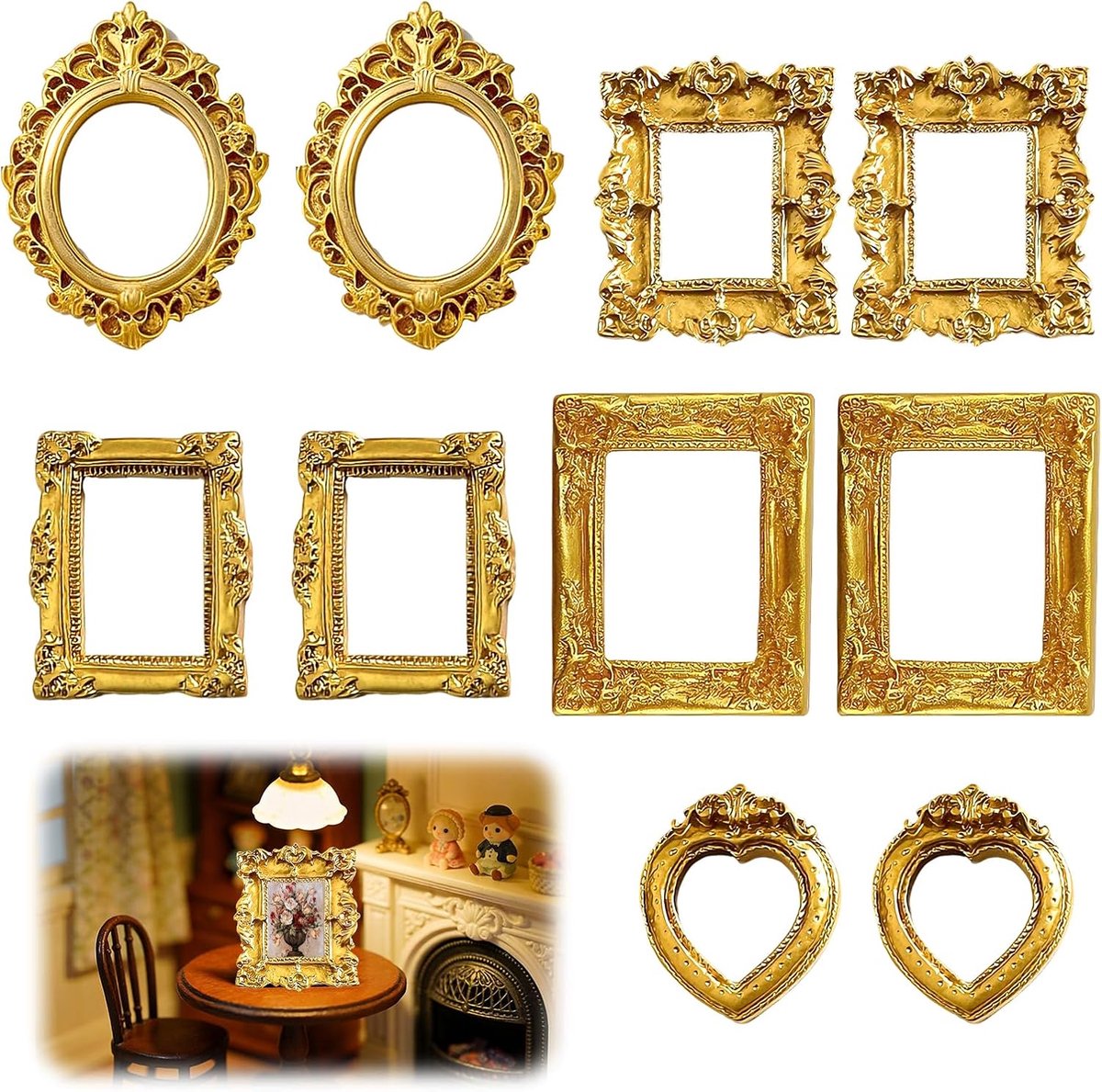 SnelShoppen - Mini Vintage Fotolijst van Kunsthars - 10 Stuks Gouden Barokstijl Fotolijsten - Wanddecoratie voor Mini Foto's, DIY Creaties en Sieraden