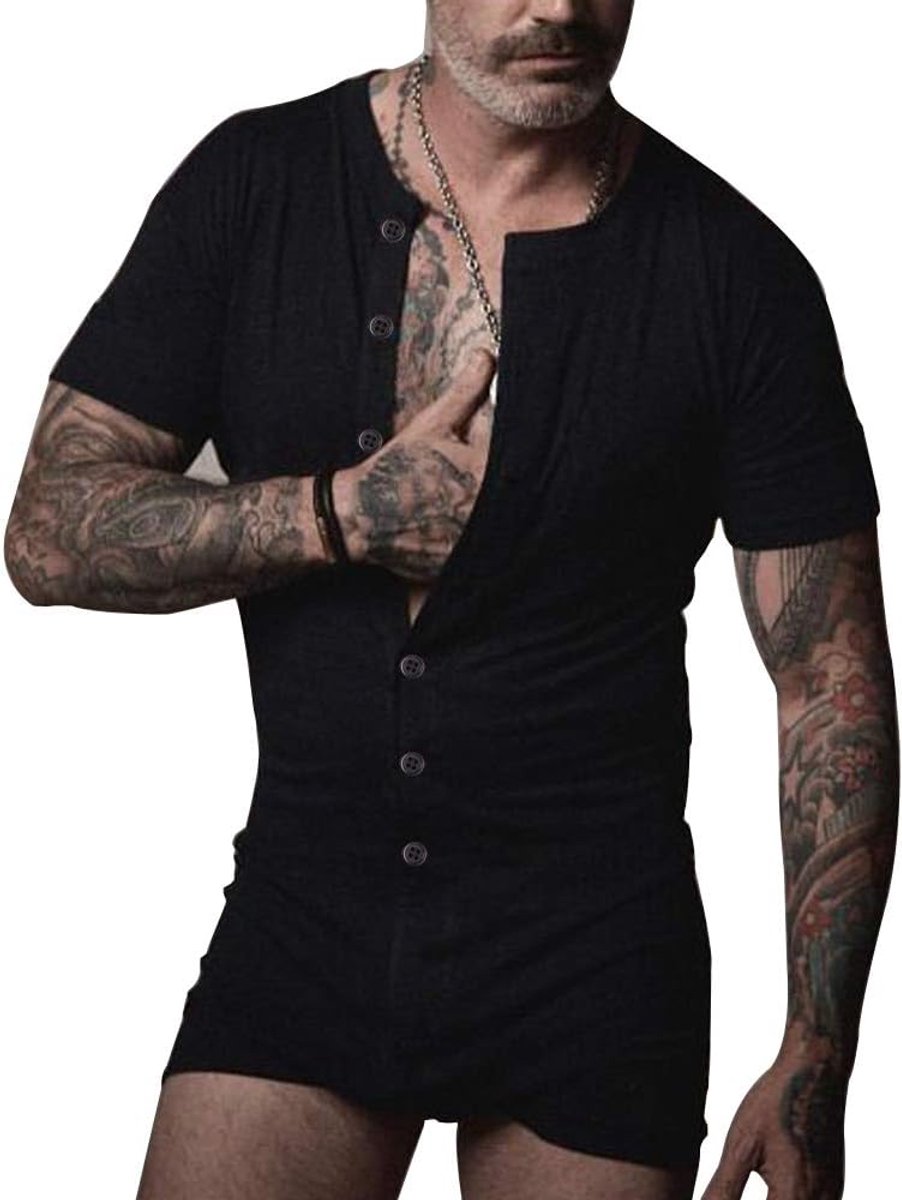 SnelShoppen - Muscle Alive Herenondergoed Korte Mouwen - Romper, Overall, Henley-Jumpsuit - Rekbaar Katoen - Comfortabele Homewear en Nachtkleding - P