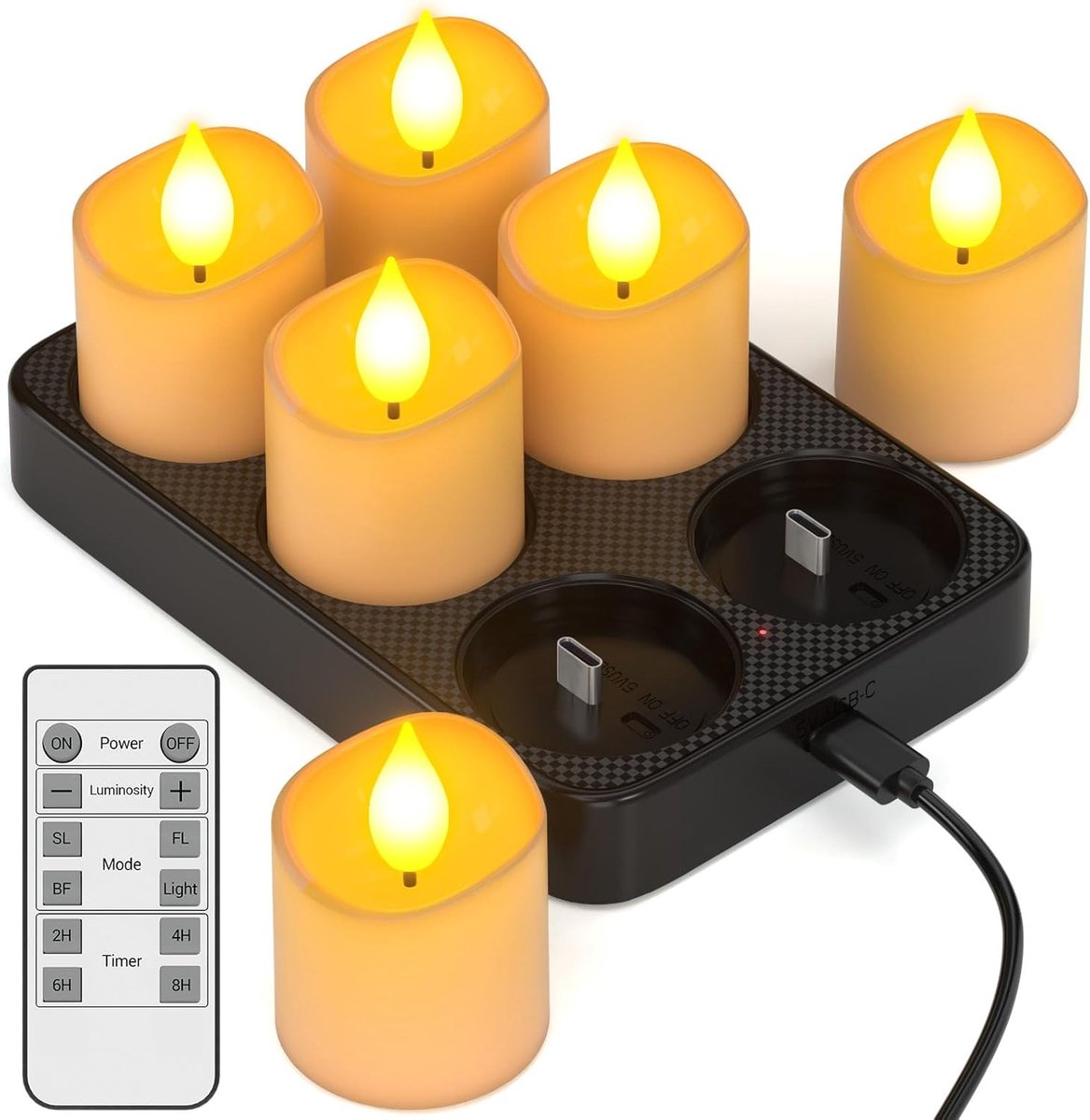 SnelShoppen - Oplaadbare Theelichtjes Kaarsen met Oplader, 6 Stuks LED Vlamloze Votiefkaarsen met Afstandsbediening en Timer voor Thuis, Bruiloften, F