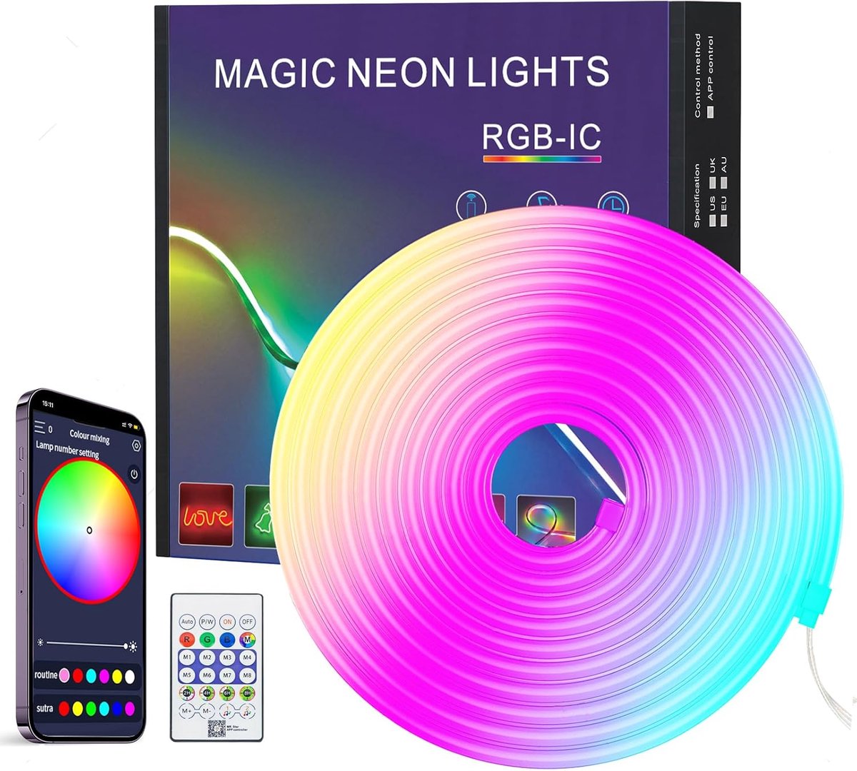 SnelShoppen - RGB LED Strip 4M - IP67 Waterdichte Silicone Flexibele Neon Verlichting met Afstandsbediening en App Control - 5V LED Band voor Slaapkam