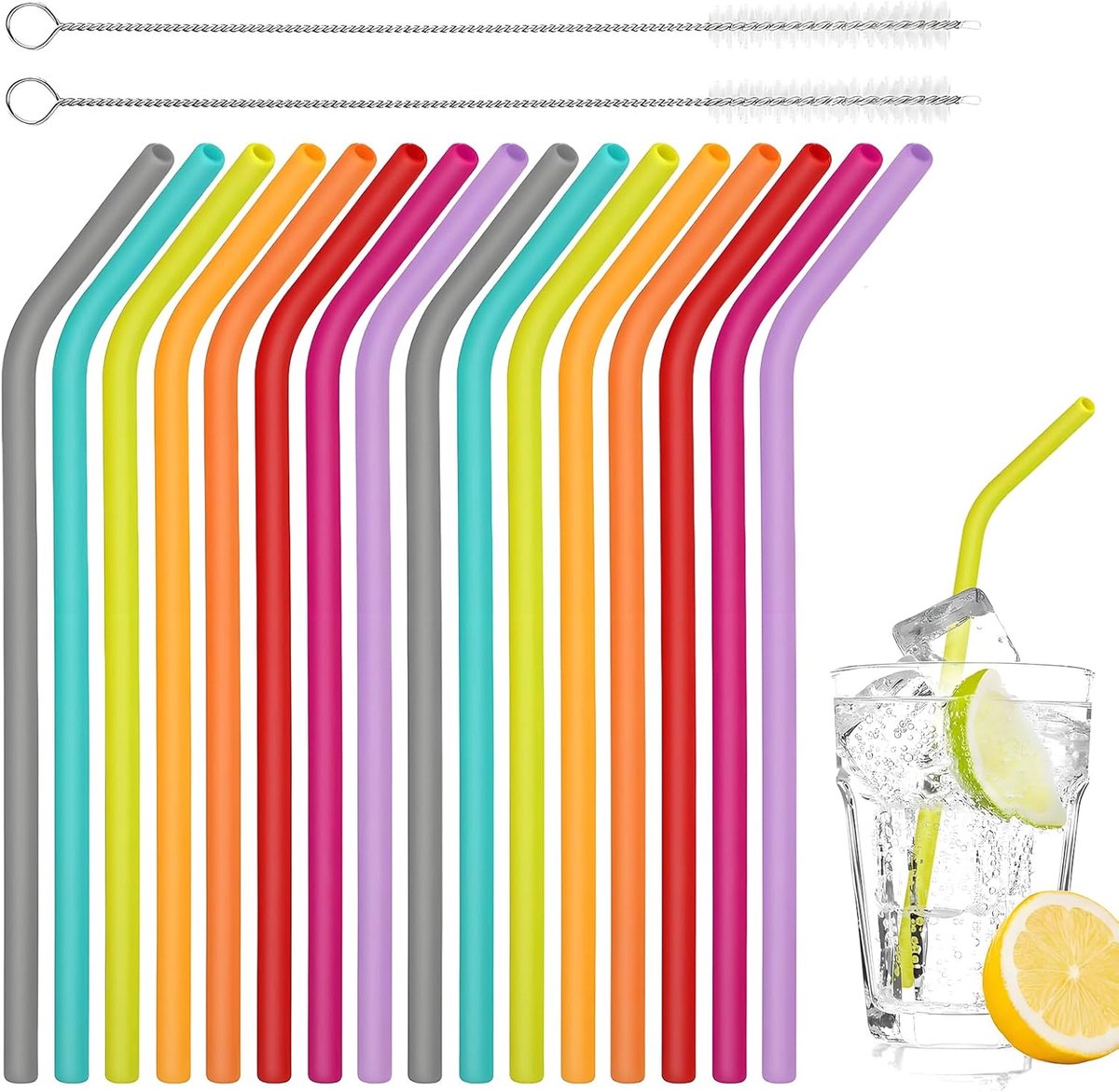 SnelShoppen - 16 Stuks Herbruikbare Siliconen Rietjes met 2 Reinigingsborstels - Flexibel, Inkortbaar Drinkrietje voor Cocktails, Sappen - Kleur: Oran