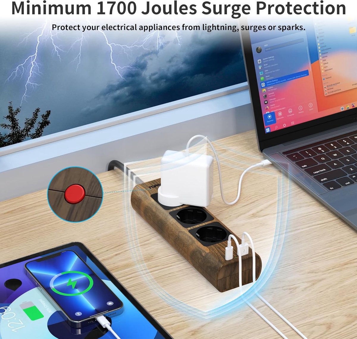 SnelShoppen - Stekkerdoos Houtlook 3-voudig met USB C, Wandmontage, Overspanningsbeveiliging, 1,5m, 2300W/10A, Meervoudige Stopcontact met Schakelaar