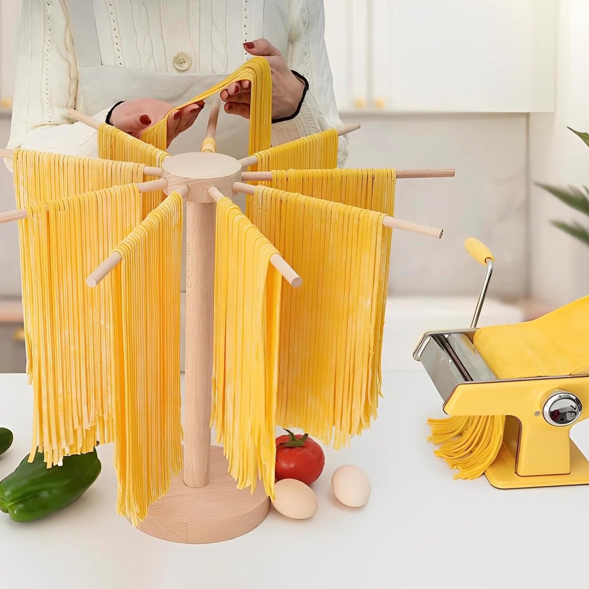 SnelShoppen - Noedeldroger Spaghetti Droogrek met 9 Stangen - Draagbare Pasta Droogstandaard van Massief Hout voor Thuisgebruik, Tot 4,5 kg - Herbruik