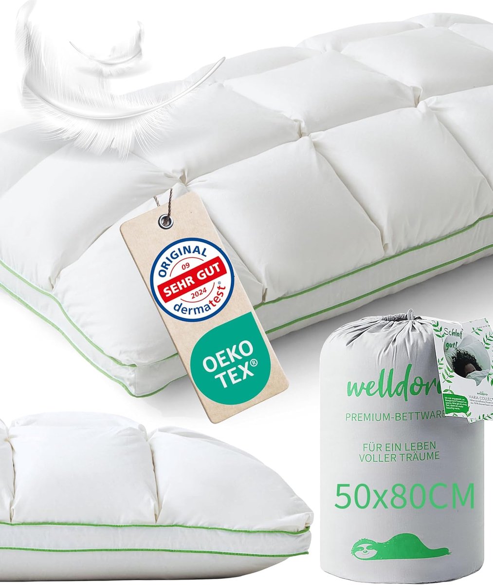 SnelShoppen - Welldora Premium Hoofdkussen 50x80 cm | 100% Donsvezels & Veren | Ergonomisch & Middelhard Kussen, Oeko-Tex Gecertificeerd voor Maximaal