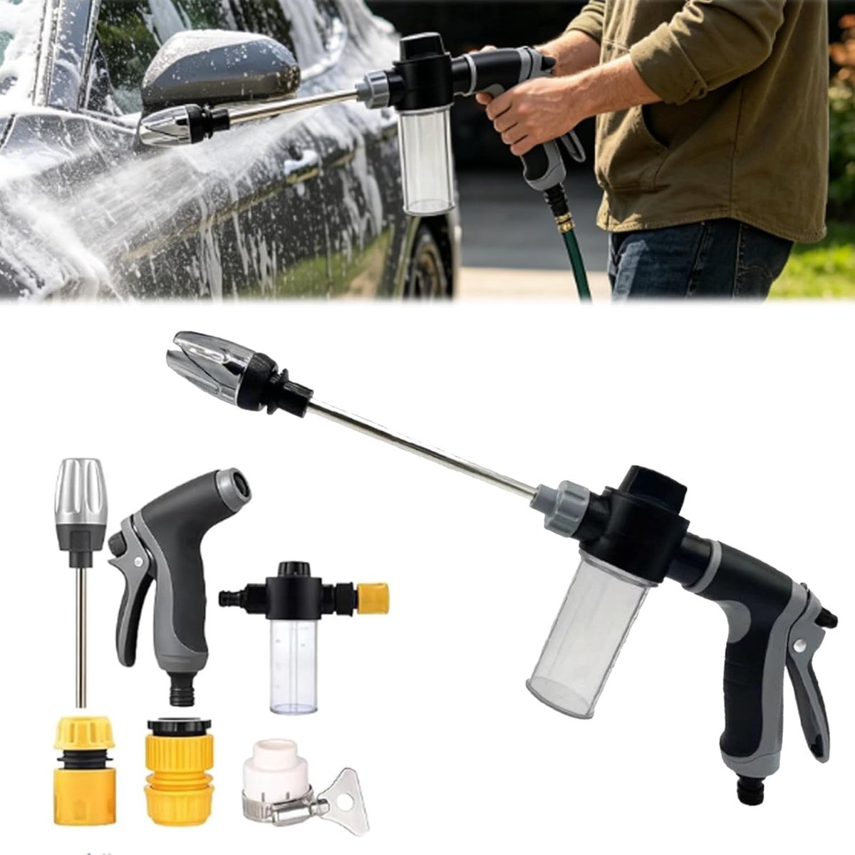 SnelShoppen - Hogedrukpistool voor Tuinslang, Hogedrukreiniger voor Auto Wassen, Terrasreiniging en Tuinieren, Krachtige Reiniging met Accessoires, 8-