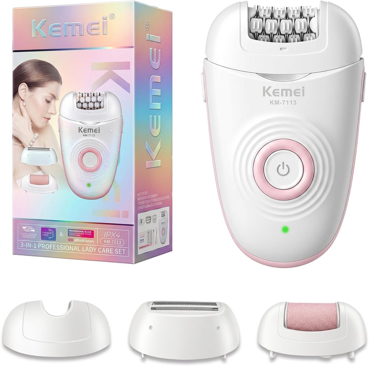 SnelShoppen - Elektrische epilator voor dames met 3 opzetstukken, scheerapparaat en trimmer, met LED-licht en 2 snelheden, intiem scheerapparaat voor