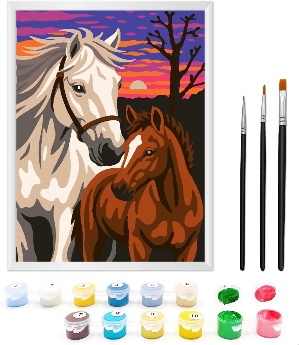 SnelShoppen - Schilderen op Nummer voor Kinderen 5-7 Jaar - Paarden voor de Avondzon met Lijst, 3 Penselen en Acrylverf - Creatief Hobbyproject voor M