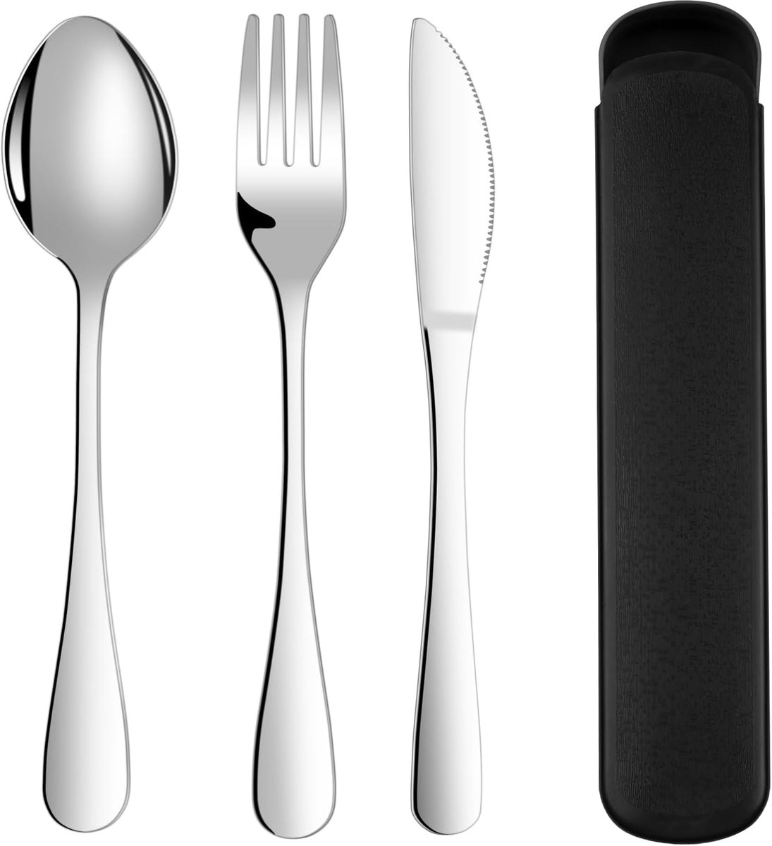 SnelShoppen - Bestekset met Draagbare Etui - 3-delige Roestvrijstalen Bestekset - Lepel, Mes en Vork Set - Spiegelgepolijst - Vaatwasserbestendig - Zw