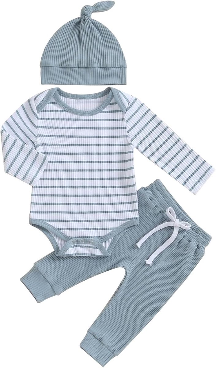 SnelShoppen - Baby jongens gestreept body romper lange mouwen + broek + muts set - Katoen zachte kledingset voor pasgeborenen en peuters 0-18 maanden