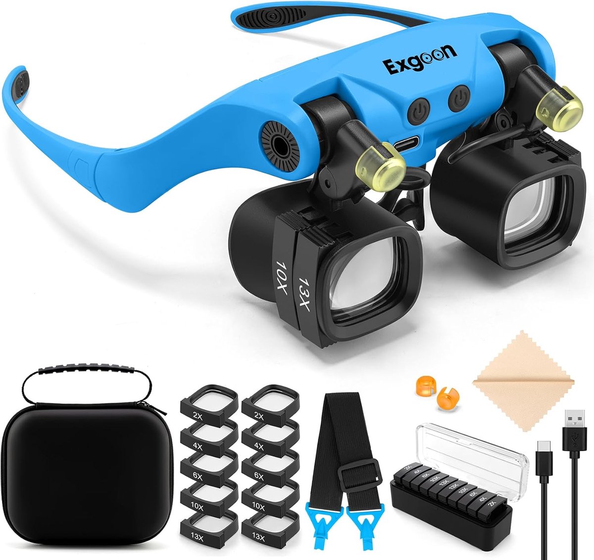 SnelShoppen - Vergrootglazen met Licht, Handsfree Oplaadbaar, 2x tot 23x Versterking, 5 Verwisselbare Lensen voor Hobby's, Juweliers en Ambachten, Bla
