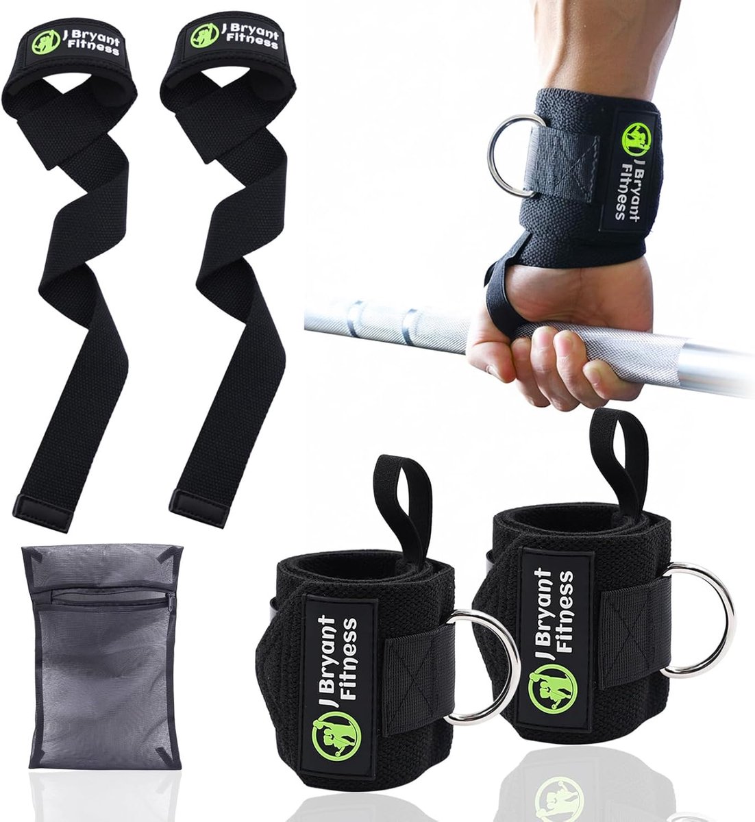 SnelShoppen - Weightlifting Wrist Wraps met D-ring, Lifting Straps & Wasbare Net Bag - 3-in-1 Training Set voor Deadlifts, Pulling Oefeningen en Krach