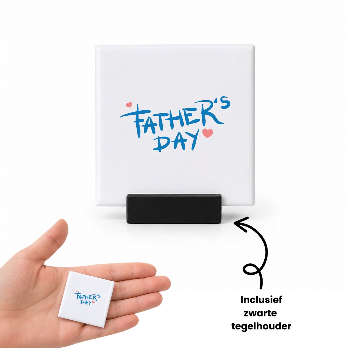 Hacebo Fathers Day in blauw met 2 hartjes tegeltje met tegelhouder - Vader - lieve papa - tegeltjes met tekst - Vaderdag cadeautje - Cadeau voor papa - Verjaardag - Geschenk - Cadeau - Gift - spreuktegels - 4.8x4.8 CM Wit