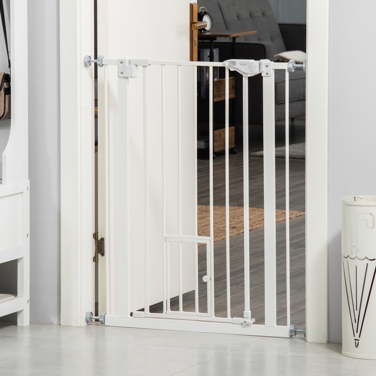 DESMIU Hondenhek - Zonder Boren En Automatisch Sluitend - 74-80 Cm - Metaal En Kunststof - Wit - Voor Deur Gang En Trap - Met Kattenluik
