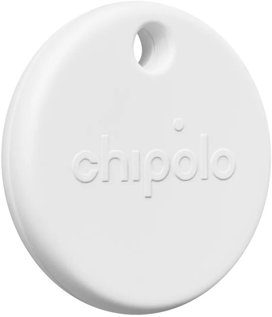 Witte Chipolo POP tracker met een sleutelgat en het Chipolo-logo.