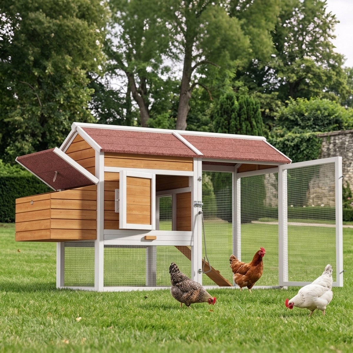 Kippenhok - Kippenren - Kippenverblijf - Buiten - Legnest - Lade - Zitstok - Slot - Tuin - 185x91x115cm - 6 Kippen - Houtkleur