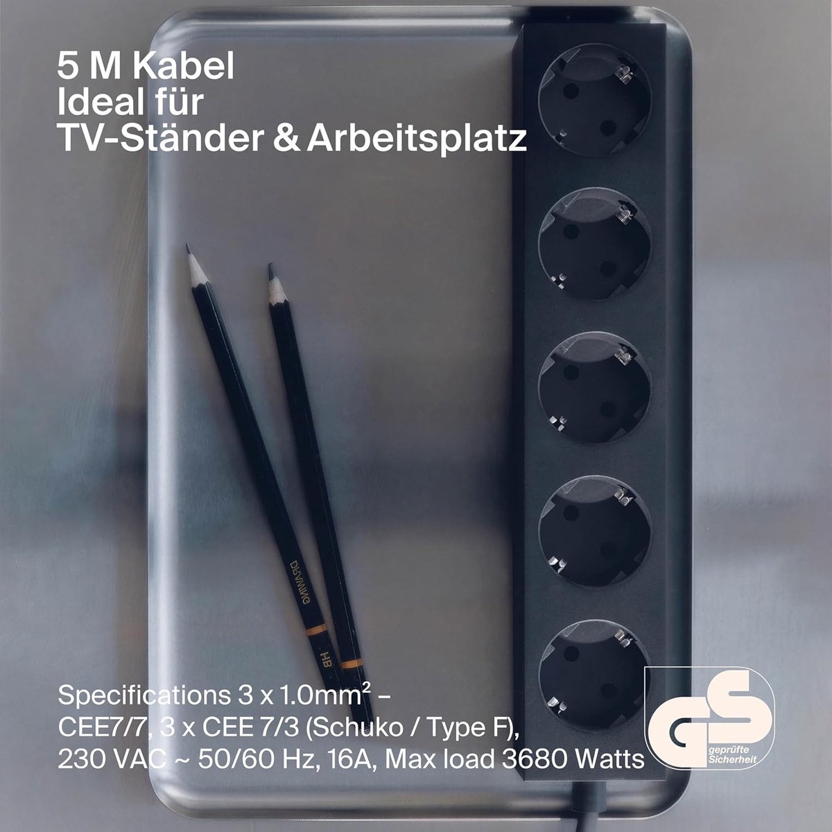 SnelShoppen - 5 m Power Bar Stekkerdoos met Magnetische Onderzijde - Praktische en Elegante 5-Weg Power Strip voor Keuken, Woonkamer en Slaapkamer
