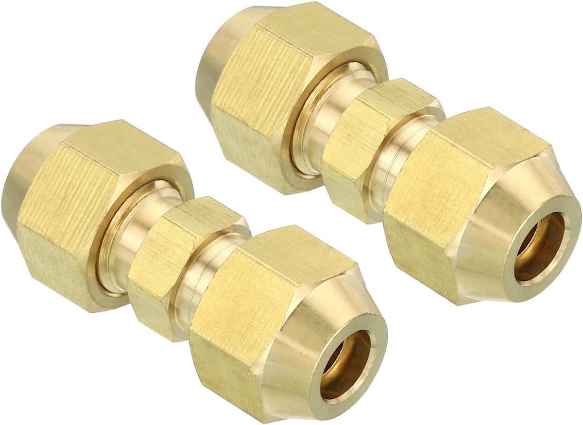 SnelShoppen - 1/4" OD Messing Flare Union Connector Set - 2 Stuks Pijpverbinding voor Airconditioning, Hydraulisch, Pneumatisch, HVAC, Brandstof en Ga