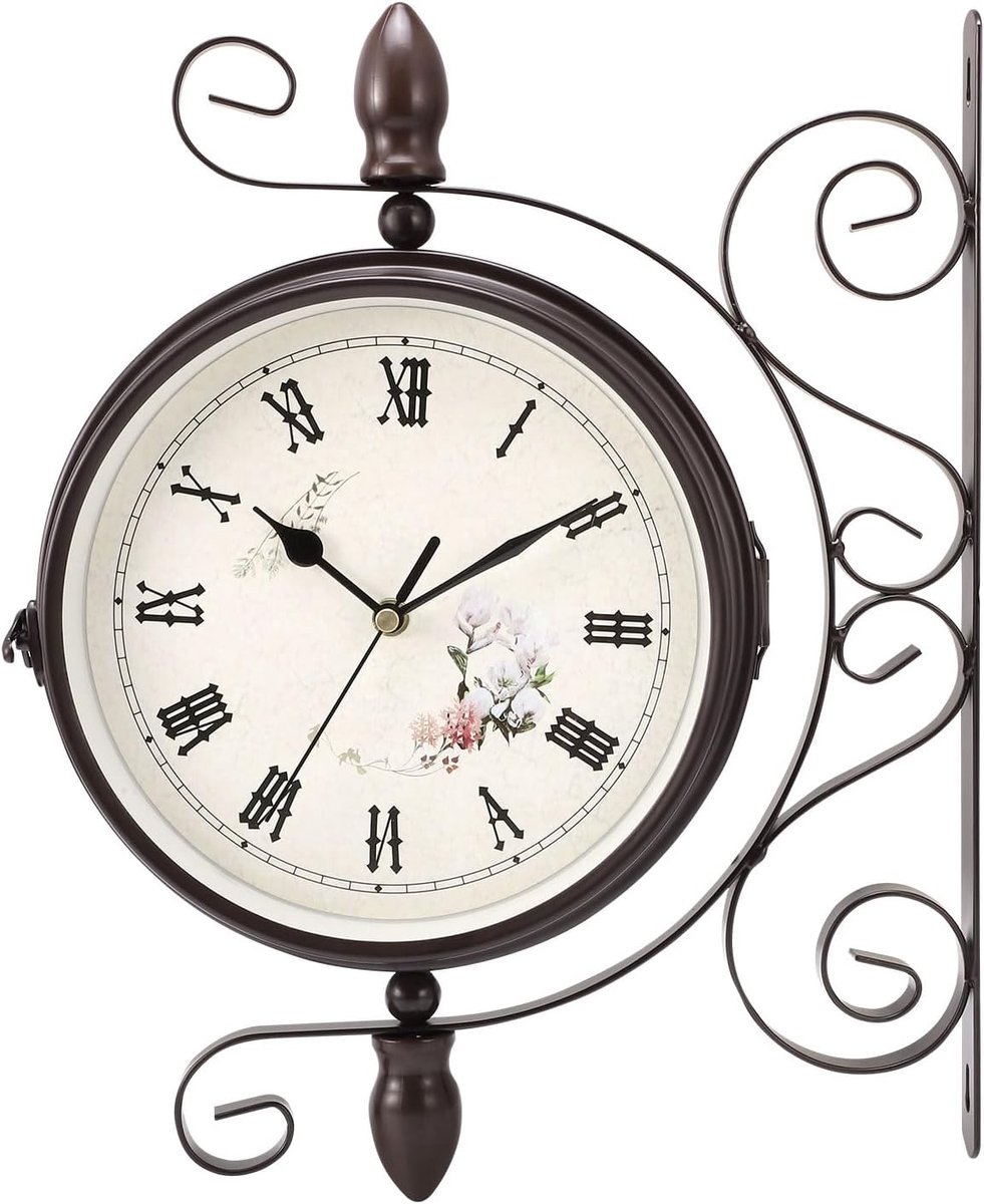 SnelShoppen - Dubbelzijdige Wandklok - Waterdichte Tuin Vintage Station Klok met Stand - Retro Metaal Mute Dubbelzijdig voor Woonkamer en Tuin Decorat