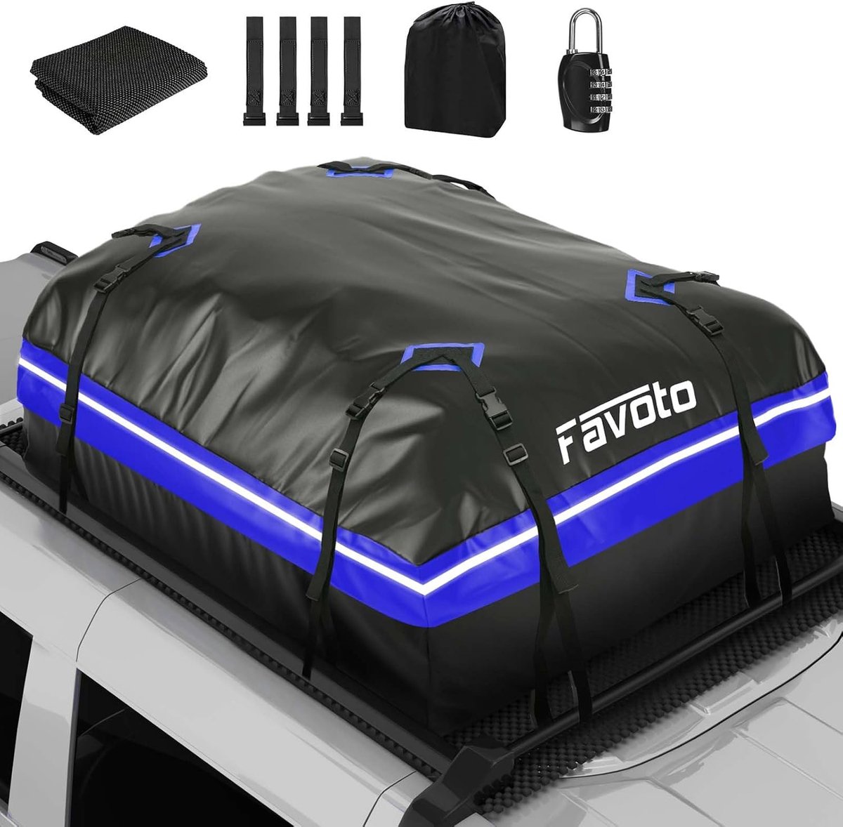 SnelShoppen - Vouwbare Dakkoffer 425L - Waterdicht met Antislipmat, Deurhaken en Verstevigingsriemen - Perfect voor Auto's en SUV's - Blauw - Ideaal v