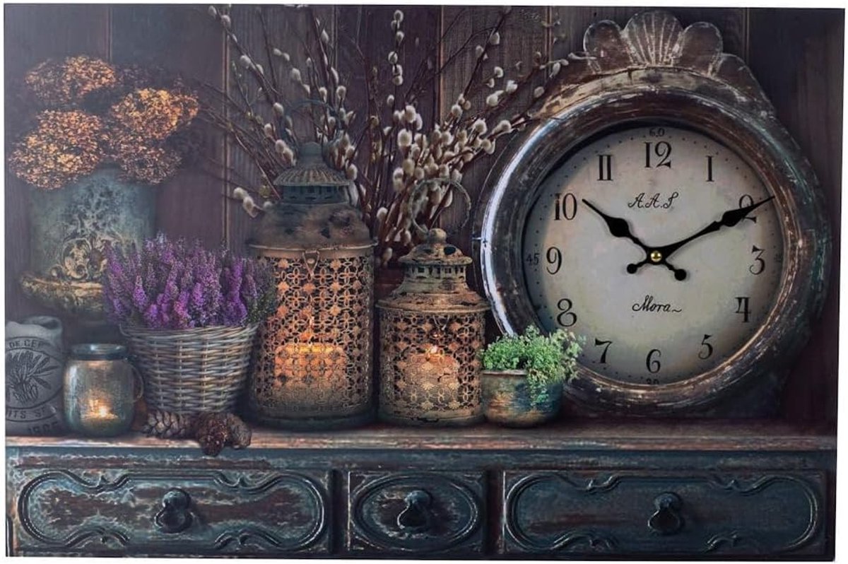 SnelShoppen - XL Canvas Wandklok met Klok - Brocante Wanddecoratie - Lantaren, Kaarsen & Bloemen - 60 cm - Stille Keuken Wandklok - Kunstzinnig Interi