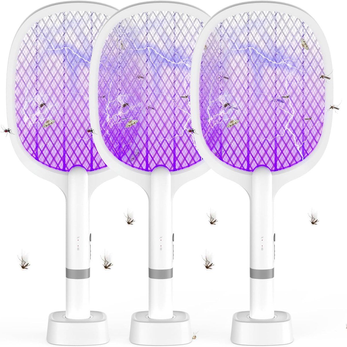 5000V Electric Fly Elektrische Vliegenmepper, Extra Sterke Vliegenmepper Elektrisch, 2 in 1 USB Type-C Elektrische Muggenmepper met Oplaadbare Batterij & UV Lichtval voor Muggen, Vliegen - 3 stuks