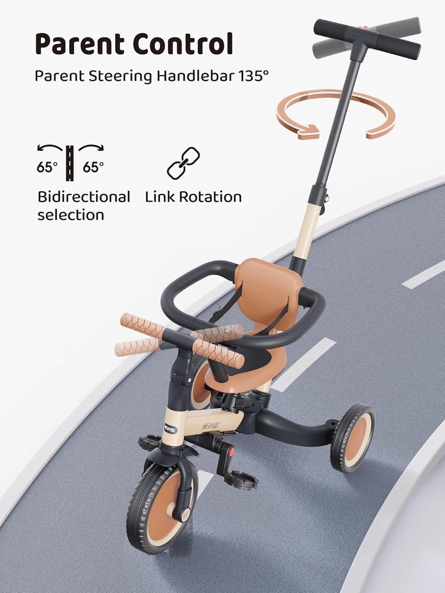 Thijox - Multifunctionele Driewieler voor Peuters 1-3 Jaar, Veiligheidsfiets met Ouder-Schuifgreep, Rugleuning en Gordel, Khaki, Geschikt voor Jongens