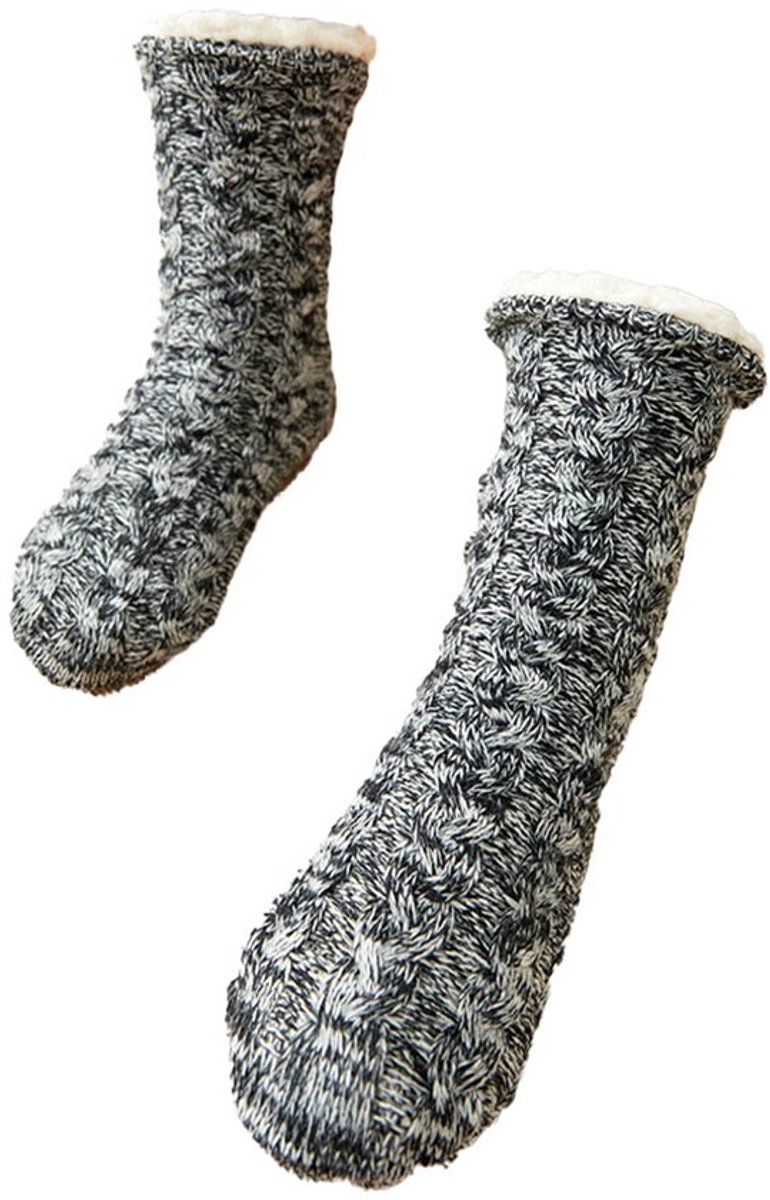 Heren slippersokken, Winter fluffy knus warme dikke fleece-voering thermische sokken met anti-slip grip, heatherzwart