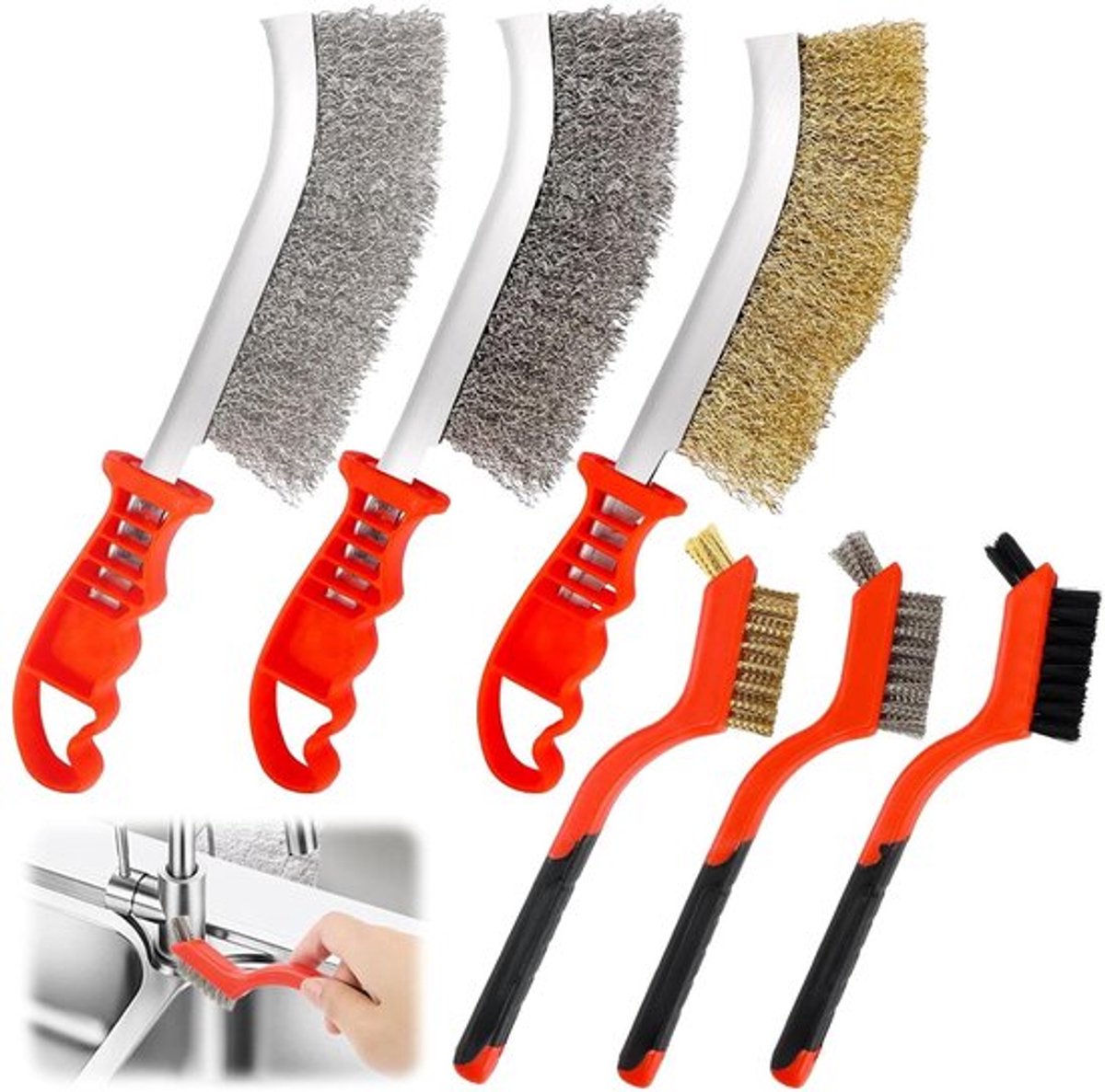 Set van 6 draadborstels - Roestvrij staal / Staalborstel / Messing / Nylon - Kleine draadborstel met gebogen greep voor reiniging van lasslakken / Roest - Houtkleur