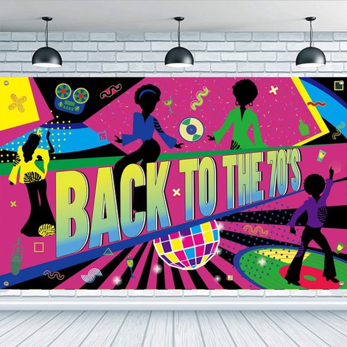 Jaren 70 Party Banner Deco 180x110cm - Back to The 70's - Kleurrijke achtergrond themafeest banner met hangend touw disco achtergrond