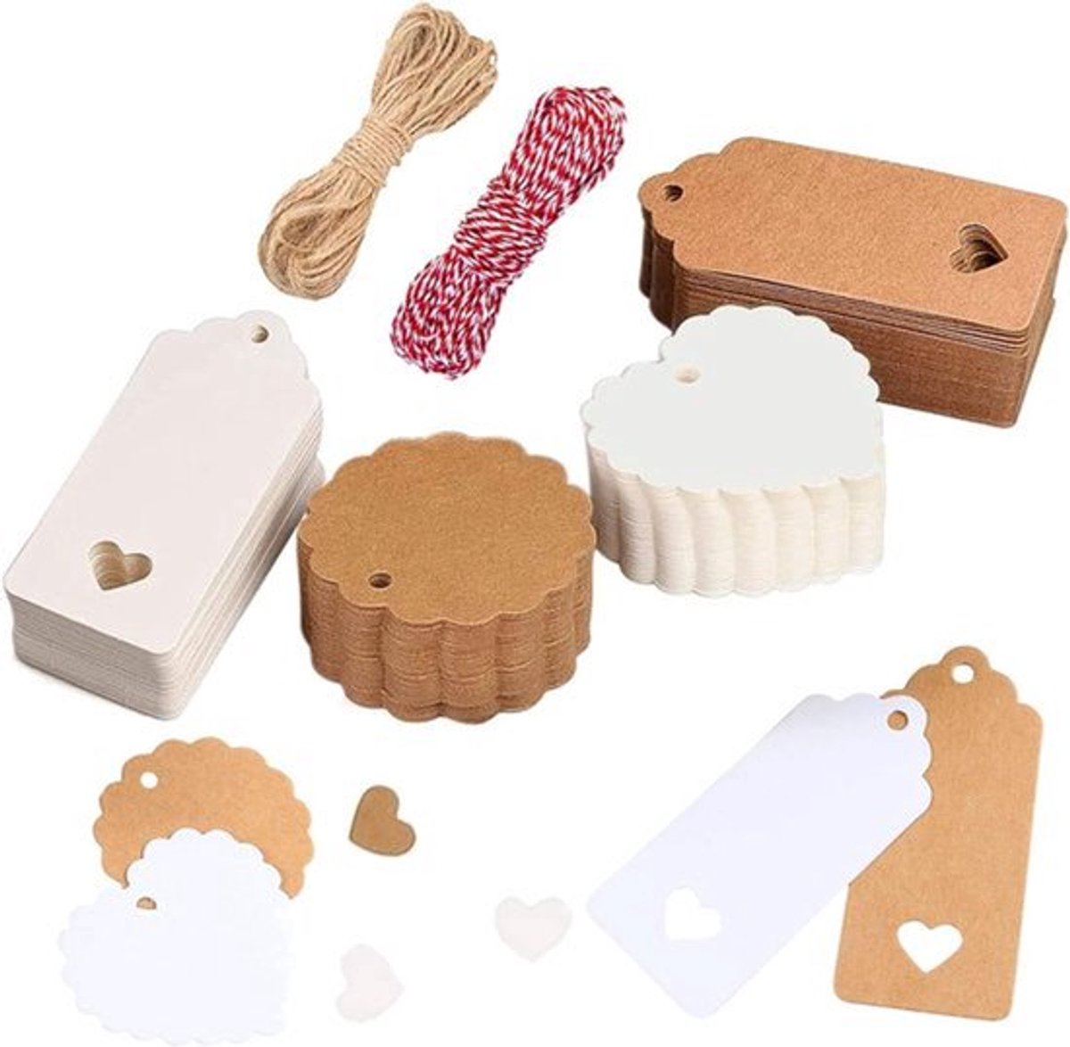200 Kerst cadeaulabels van kraftpapier met 10 meter rood touw + 10 meter jute koord voor cadeau decoratie