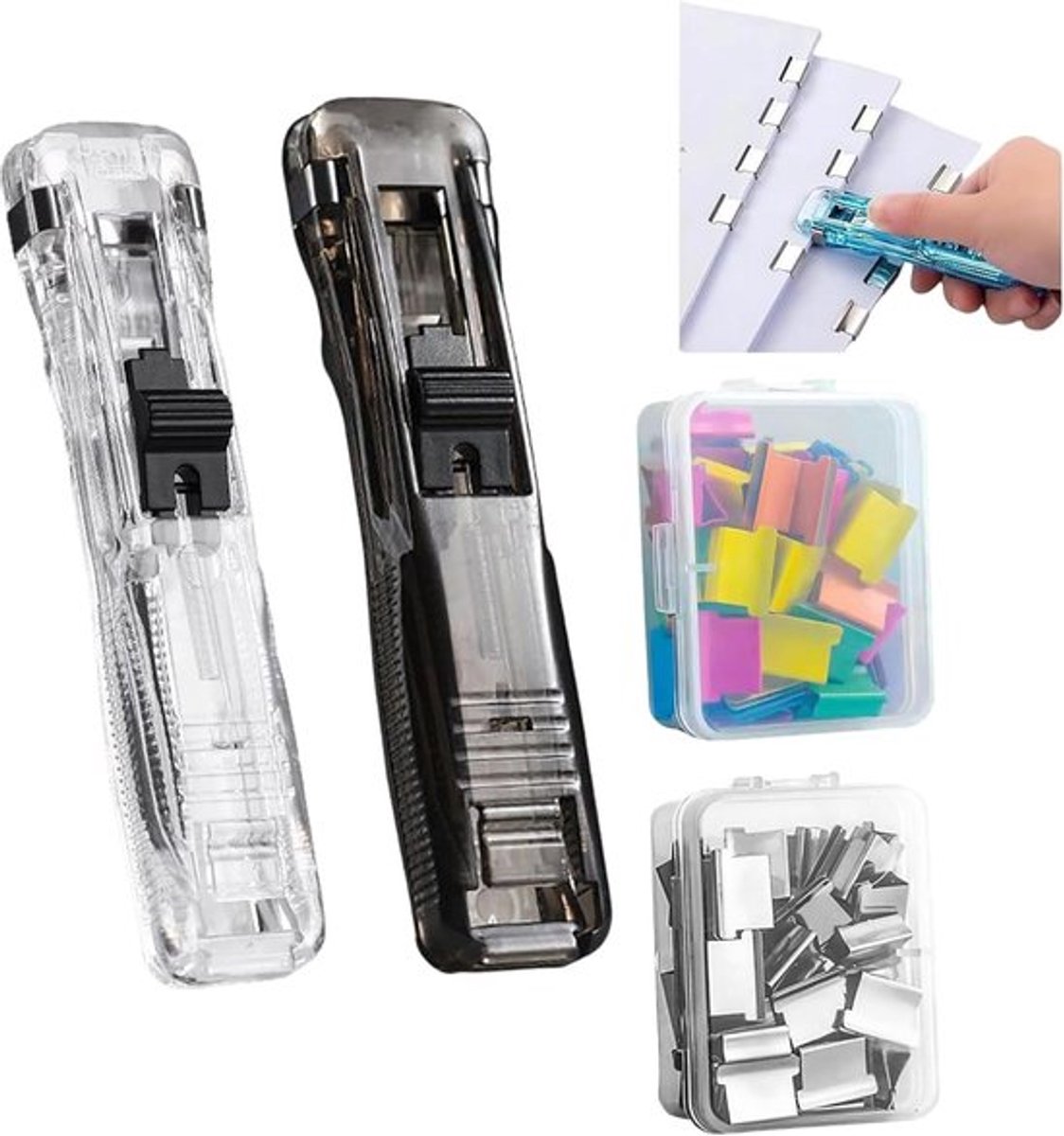 Dispenser Set - 2 stuks - 2 papierklem dispensers met 100 herbruikbare klemmen - tot 40 vel - papier binden zonder gaatjes - kantoorartikelen - transparant en zwart