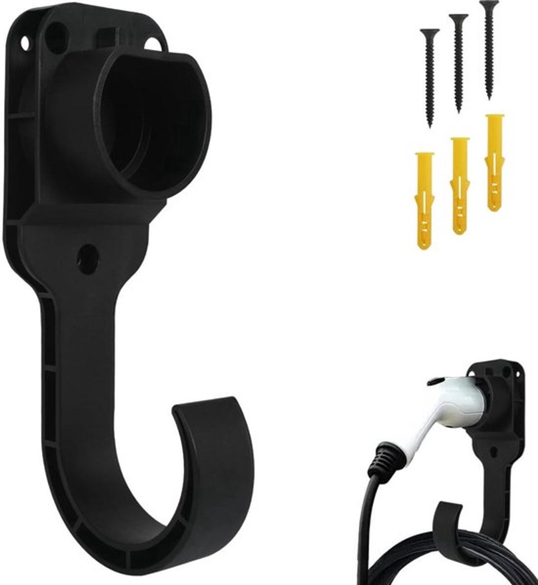 Lader Houder - Kabelhouder voor Elektrische Auto - Geschikt voor Type 2 Laadkabels - Laadkabelhouder - Universele Laadkabel houder - wandmontage kabelhouder - wandladerbeugel voor elektrische voertuigen - met schroeven - 27*8 cm - zwart