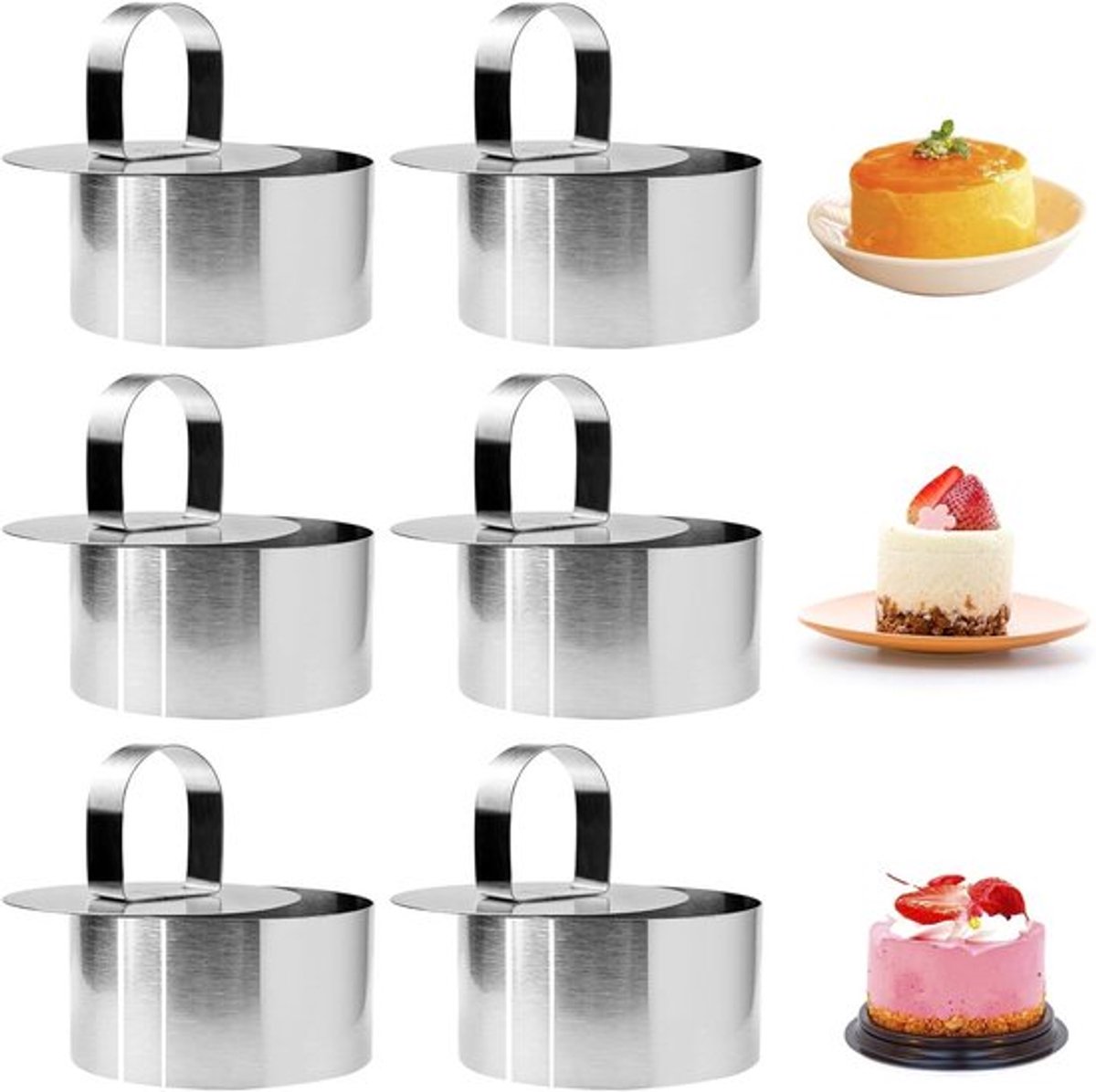 6 stuks - roestvrijstalen - dessertringen - cakeringen - met handvat - mallen - ronde dessertring - voor het bakken en koken van taarten, mousses en desserts - 8*8*3.8 cm