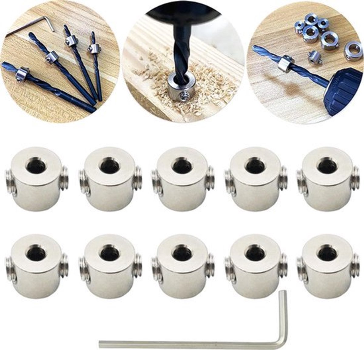 Dieptestopkraag Ring Positioner Afstand Positioner Locator (ID: 3 mm 10 stuks) voor Houtbewerking Boor Consistent Boren met inbussleutel