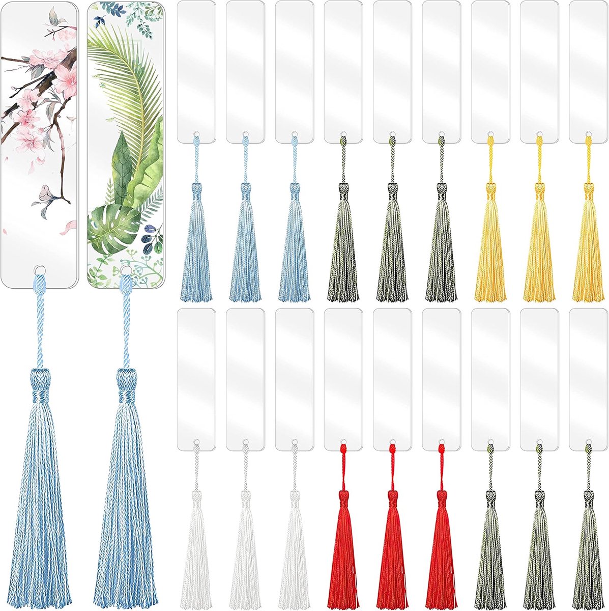 Thijox - 30 stuks Blanco Boekenleggers Set met 30 Kleurrijke Kwasten, Rechthoekige Acryl Boekenleggers 12 x 3,2 cm voor DIY Projecten, Notitieboek, Ke