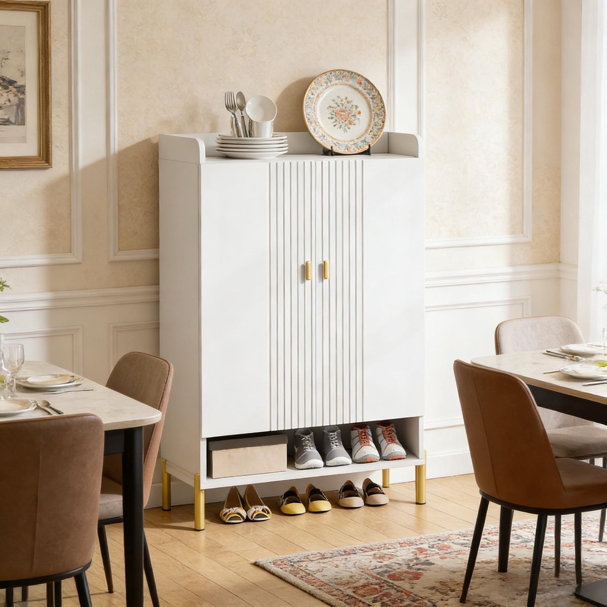 Wishdor - Schoenenkast - Smal 6-laags ontwerp - 2 deuren en open vak - Modern - Hal of slaapkamer - Houtlook en metaal - Wit en goud - 75 x 35 x 110 cm