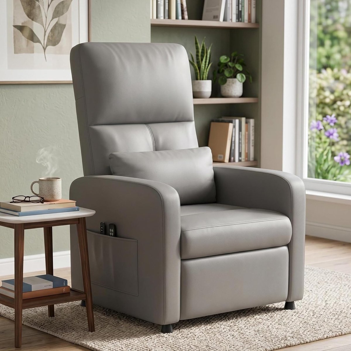 Elektrische Relaxstoel met Massage en Verwarming - Verstelbare TV-fauteuil (90°-150°) - PU-Leer - Geheugenfunctie - Grijs - Max. 136 kg – foto 4