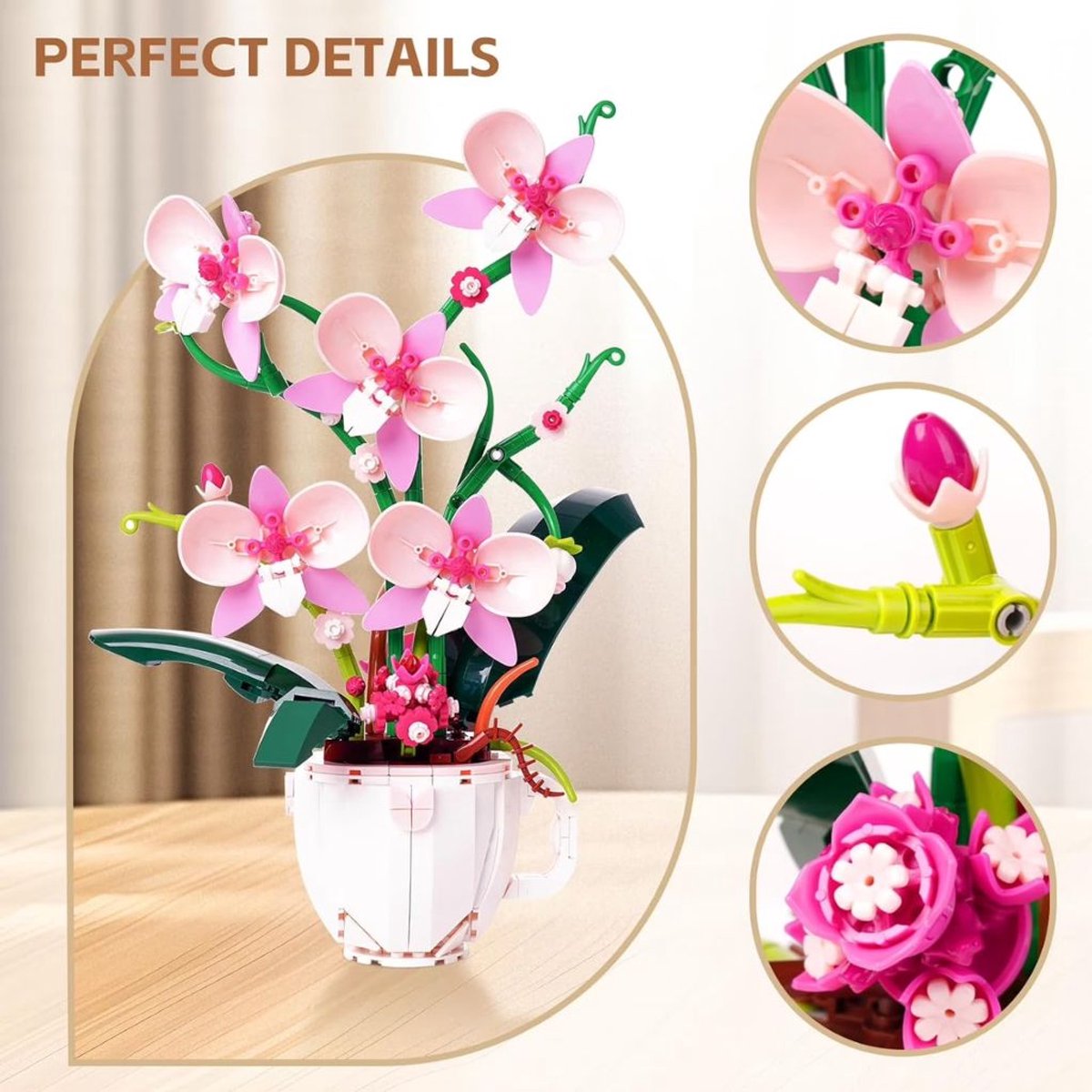Zhe Gao 3005 Roze Orchideeën bloemen bouwset | Botanical Flowers Collection modelbouw | Classic Creator STEM speelgoed bouwpakket voor volwassenen en kinderen | Educatief kunstbloemen decoratie | Niet geschikt voor Lego | bouwdoos met 567 bouwstenen — afbeelding 3