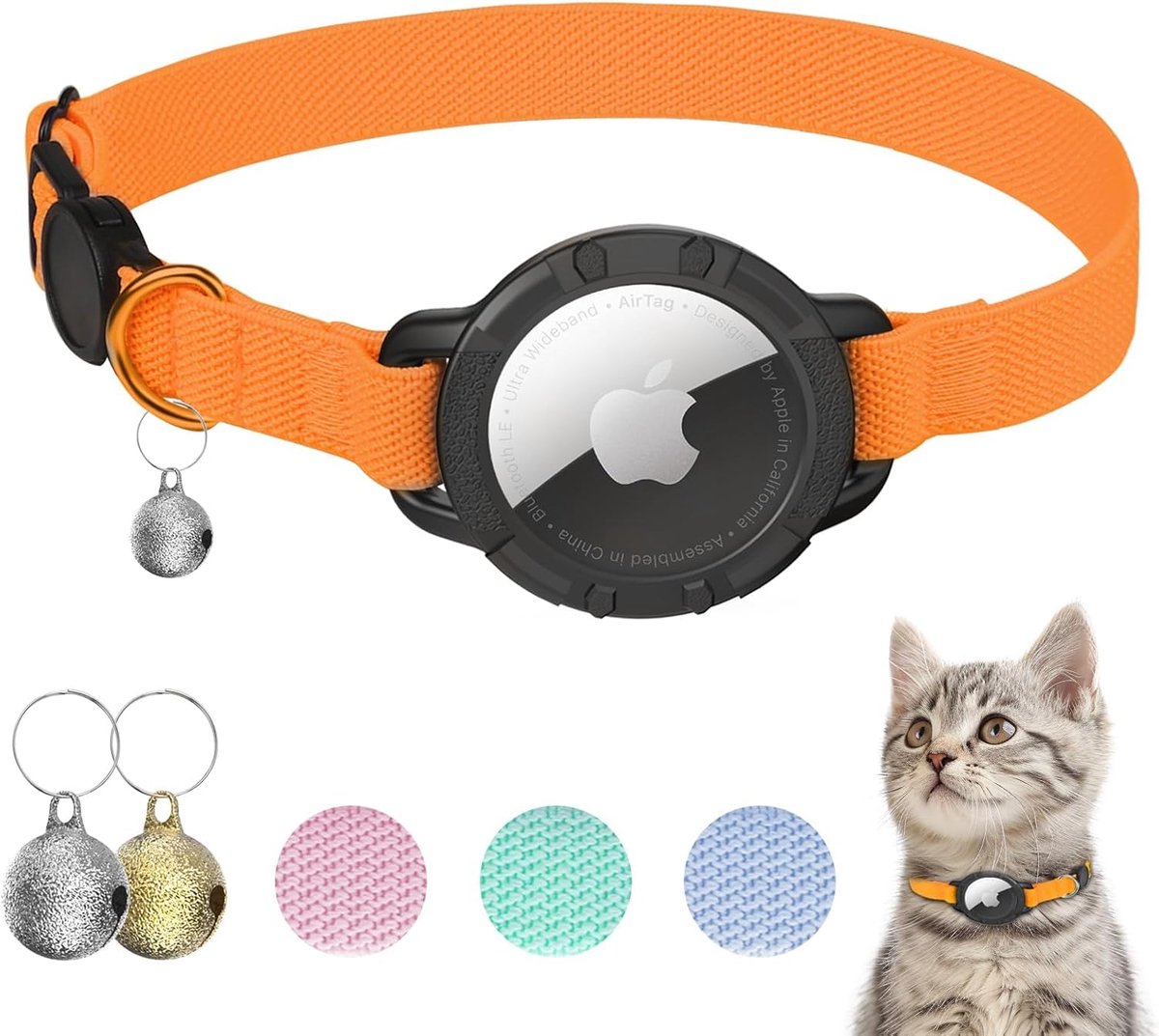 SnelShoppen - Airtag Kattenhalsband, Rekbare Kattenhalsband met Veiligheidsluiting, Beschermhoes voor AirTag en Bel, Licht en Comfortabel voor Katten,