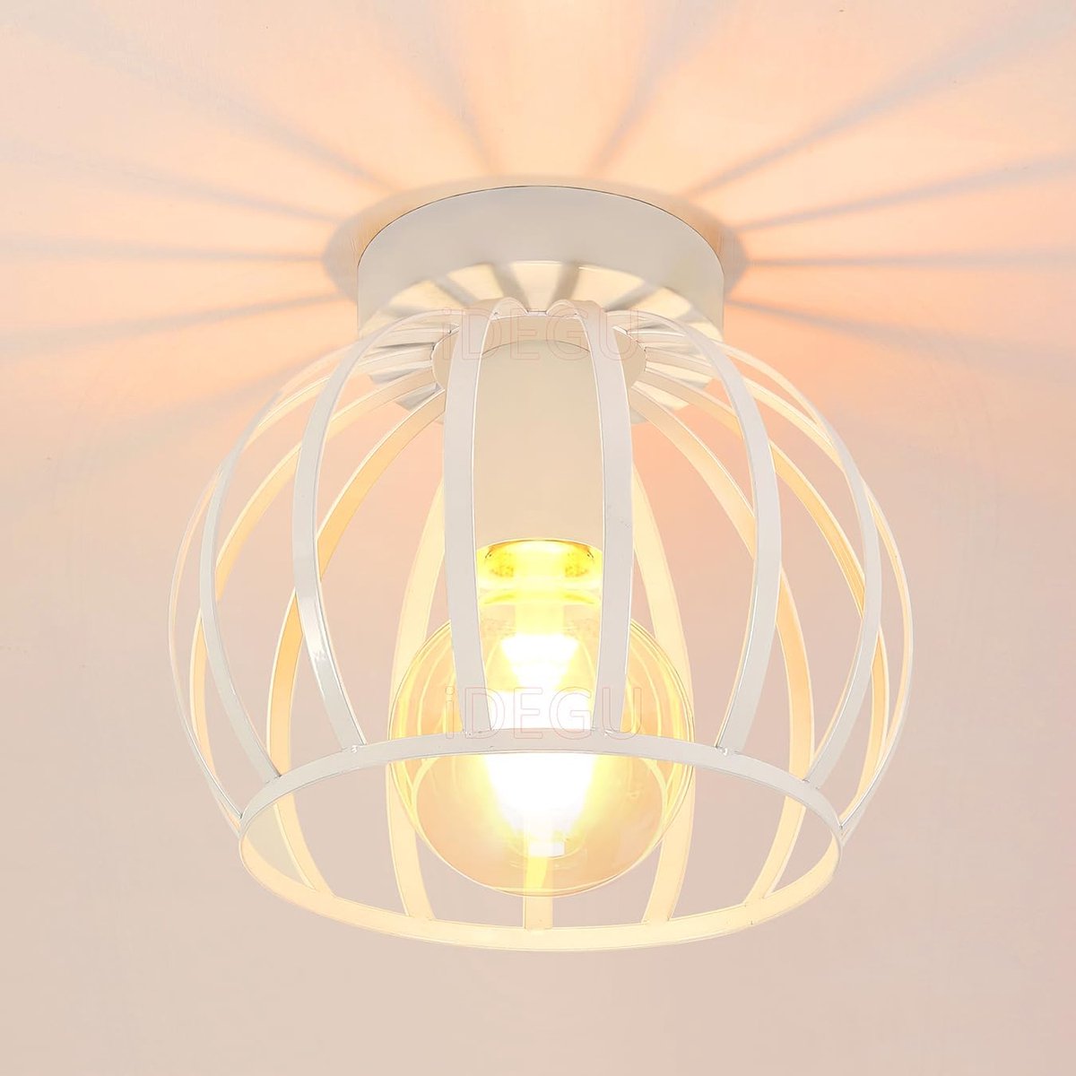 SnelShoppen - Vintage Industriële Plafondlamp met Metalen Kooi, Geometrisch Ontwerp, E27 Lamp voor Slaapkamer, Café, Restaurant, Gang, 20 cm, Wit
