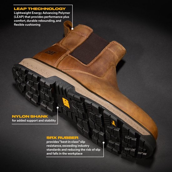 Bruine leren Chelsea werklaars, zicht op de profielzool met 'SRX RUBBER' en 'NYLON SHANK' details.