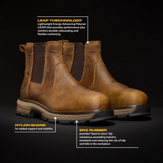 Paar bruine leren Chelsea werklaarzen met CAT-logo. Details over LEAP TECHNOLOGY, NYLON SHANK en SRX RUBBER.