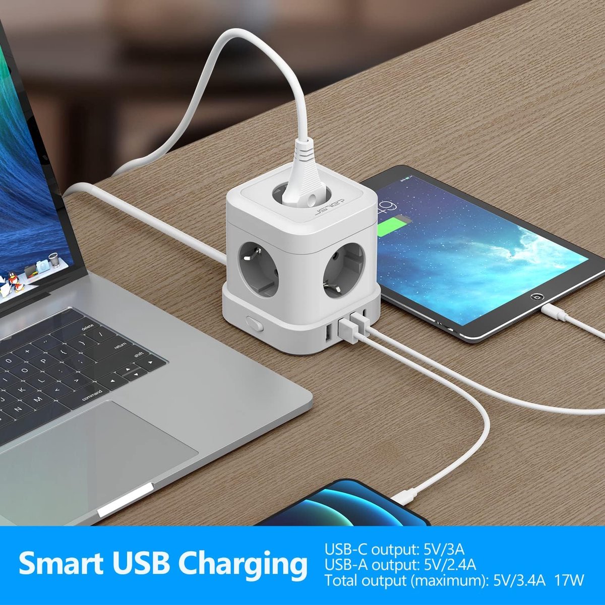 SnelShoppen - Cube Stekkerdoos met 5 Stopcontacten en 4 USB Opladers, 2 meter Kabel, Compact en Draagbaar voor Thuis, Kantoor of Reis, Wit