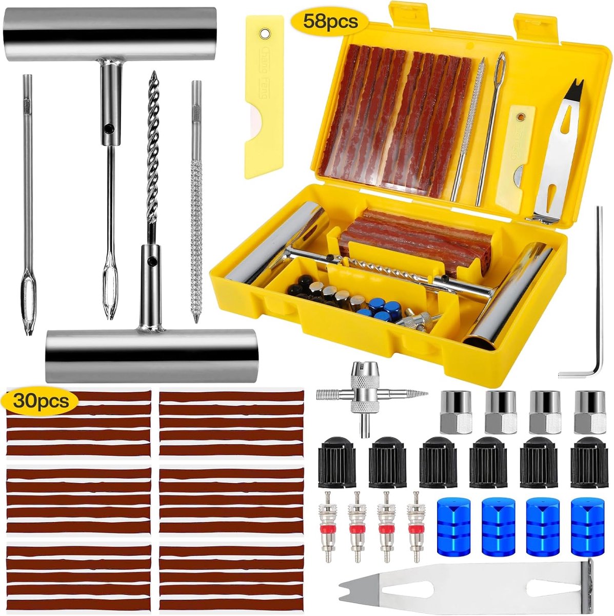 SnelShoppen - 58-delige Heavy Duty Reparatieset voor Autobanden, Bandenreparatiegereedschap, Robuuste T-vormige Handgrepen, Slijtvast en Betrouwbaar,