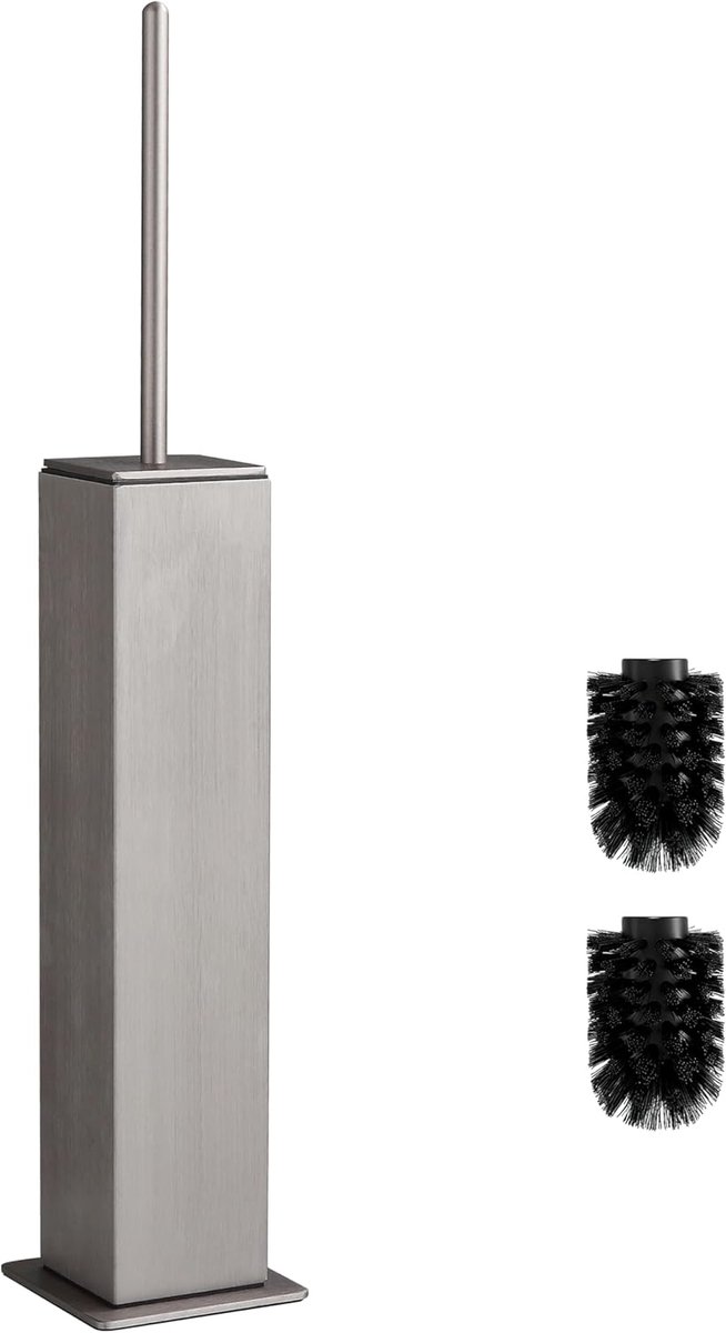 SnelShoppen - Slanke Toiletborstel voor Badkamer - Metalen Wc-Borstel Inclusief 2 Vervangbare Borstelkoppen - Vierkante Vorm - Geboorte Nikkel Kleur