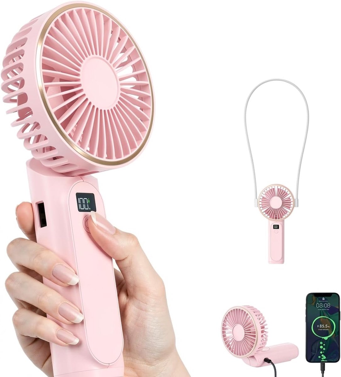 SnelShoppen - Draagbare Handventilator met 4000 mAh, 180° Verstelbaar, LED-display, 6 Snelheden, Ideaal voor Kantoor, Slaapkamer en Buitengebruik